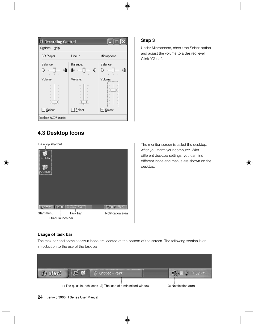 Lenovo 3000 H Series user manual Desktop Icons, Usage of task bar 