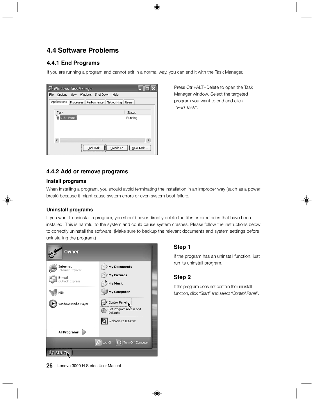 Lenovo 3000 H Series user manual Software Problems, Install programs, Uninstall programs 