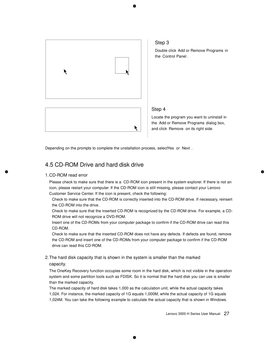 Lenovo 3000 H Series user manual CD-ROM Drive and hard disk drive, CD-ROM read error 