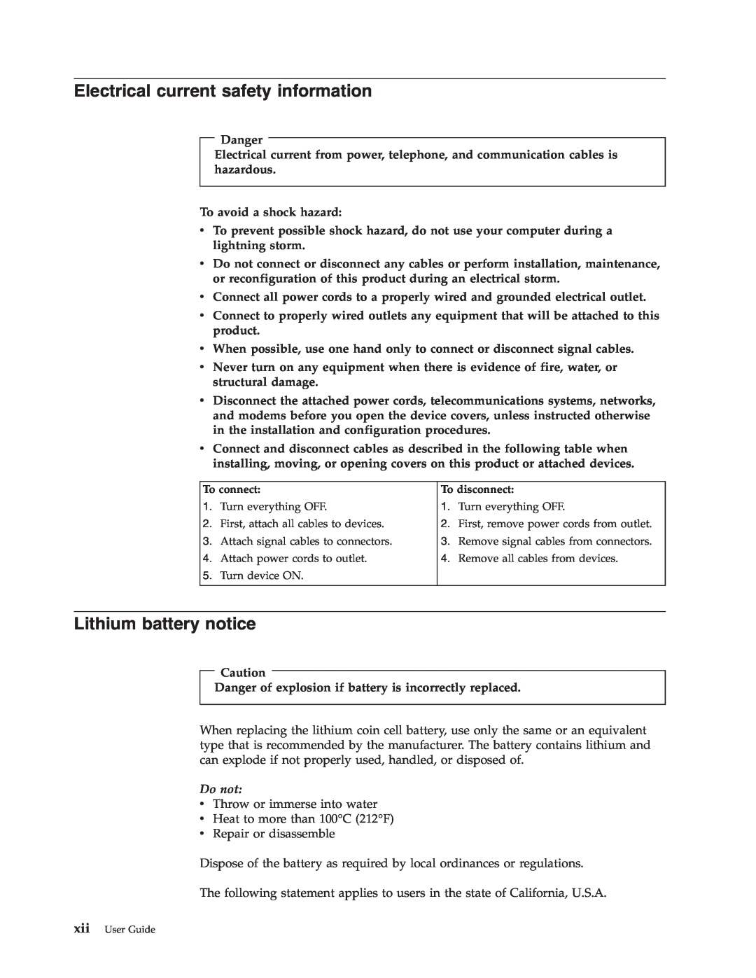Lenovo 3000 J Series manual Electrical current safety information, Lithium battery notice, Do not 