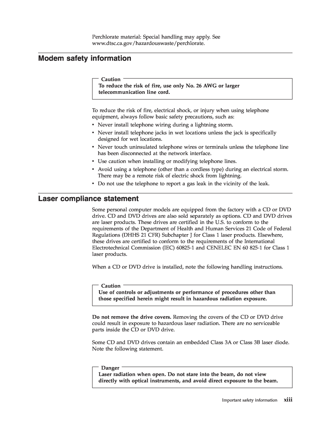 Lenovo 3000 J Series manual Modem safety information, Laser compliance statement 