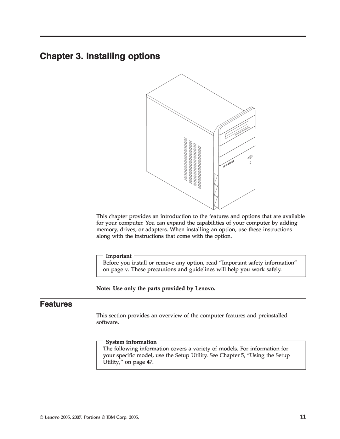 Lenovo 3000 J Series manual Installing options, Features 