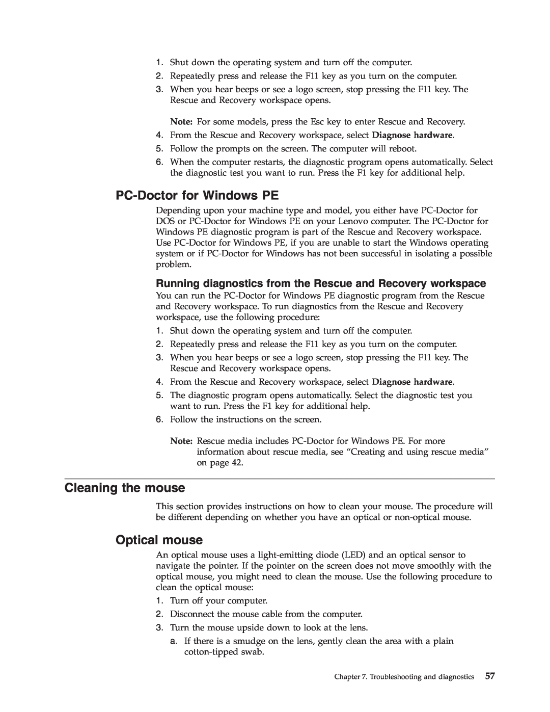 Lenovo 3000 J Series manual PC-Doctorfor Windows PE, Cleaning the mouse, Optical mouse 
