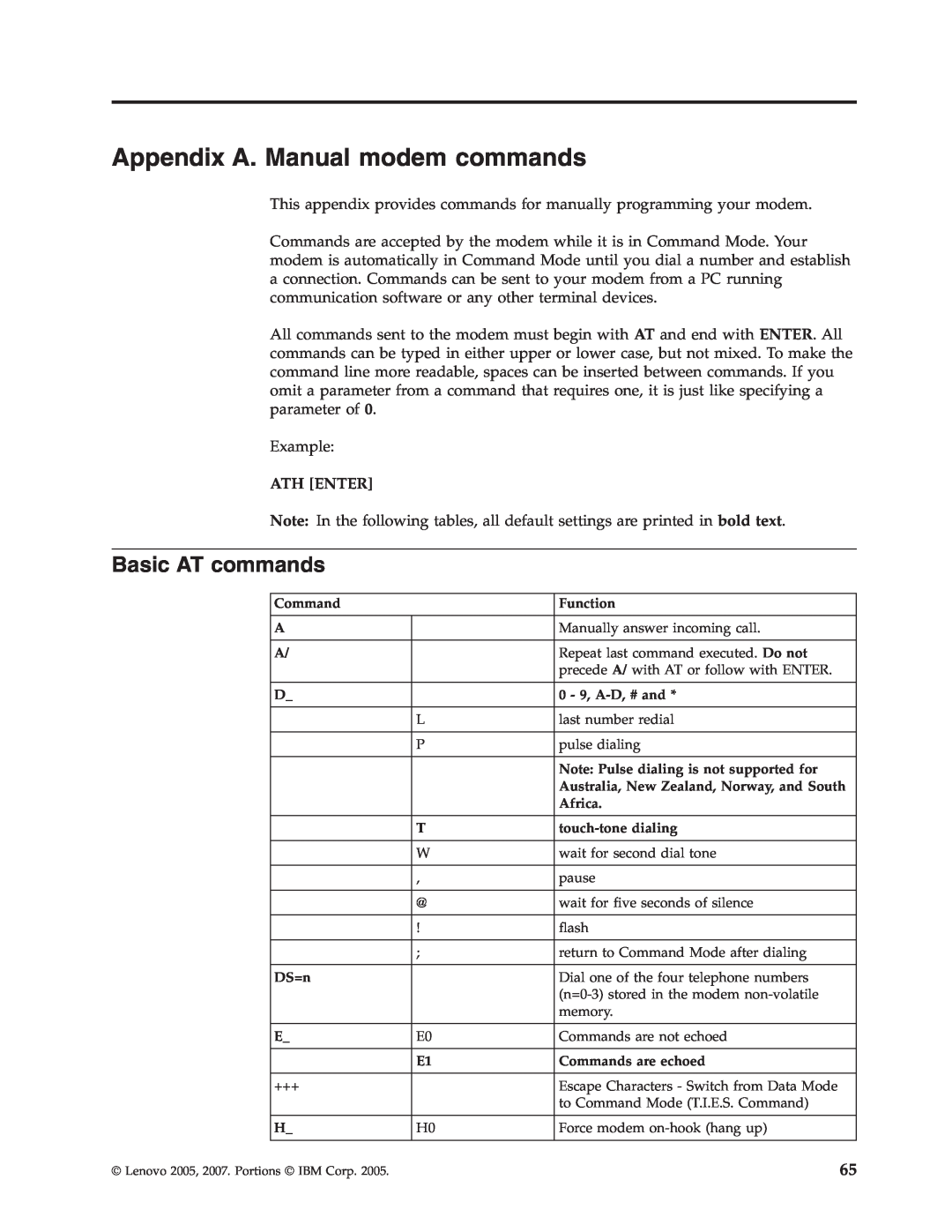Lenovo 3000 J Series manual Appendix A. Manual modem commands, Basic AT commands 