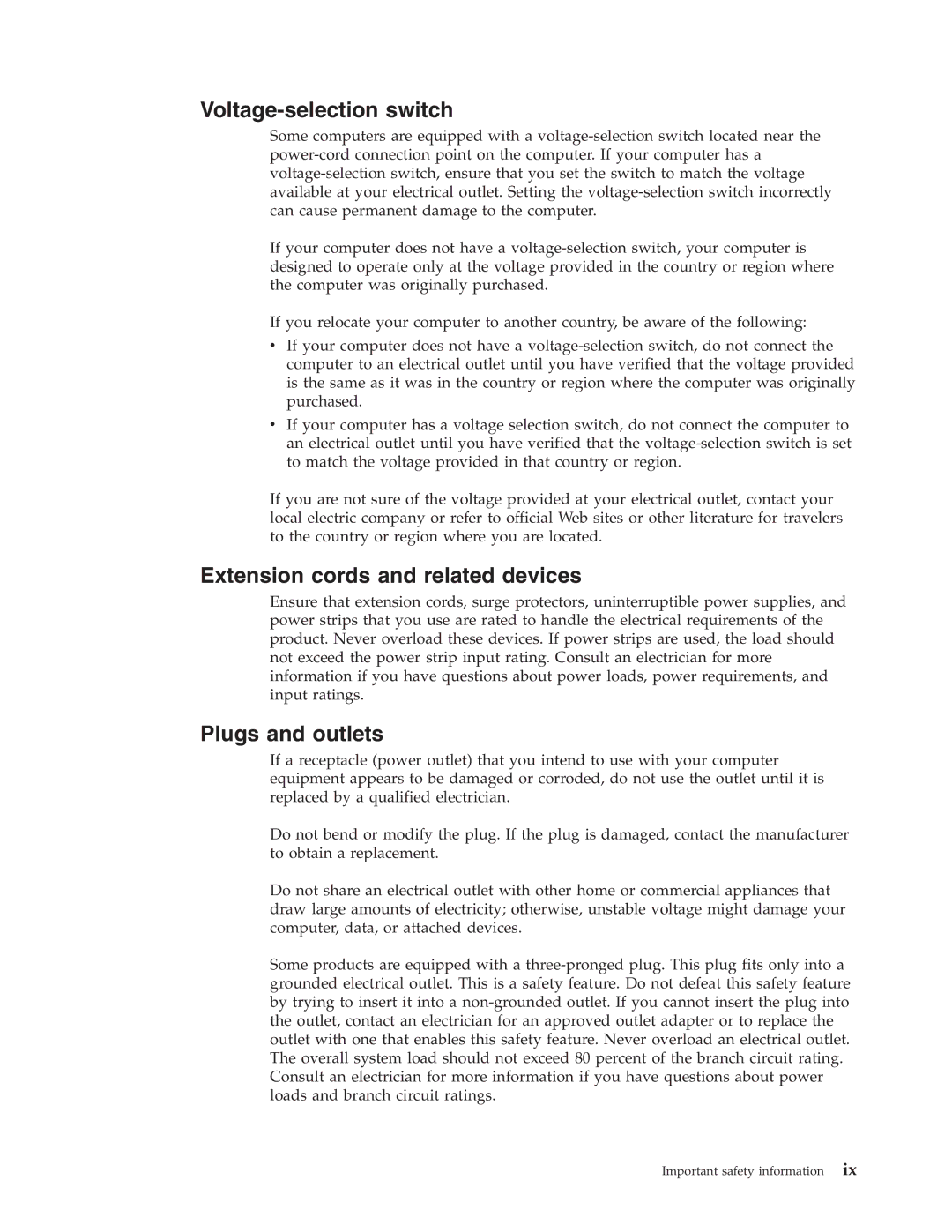 Lenovo 3000 J Series manual Voltage-selection switch, Extension cords and related devices, Plugs and outlets 