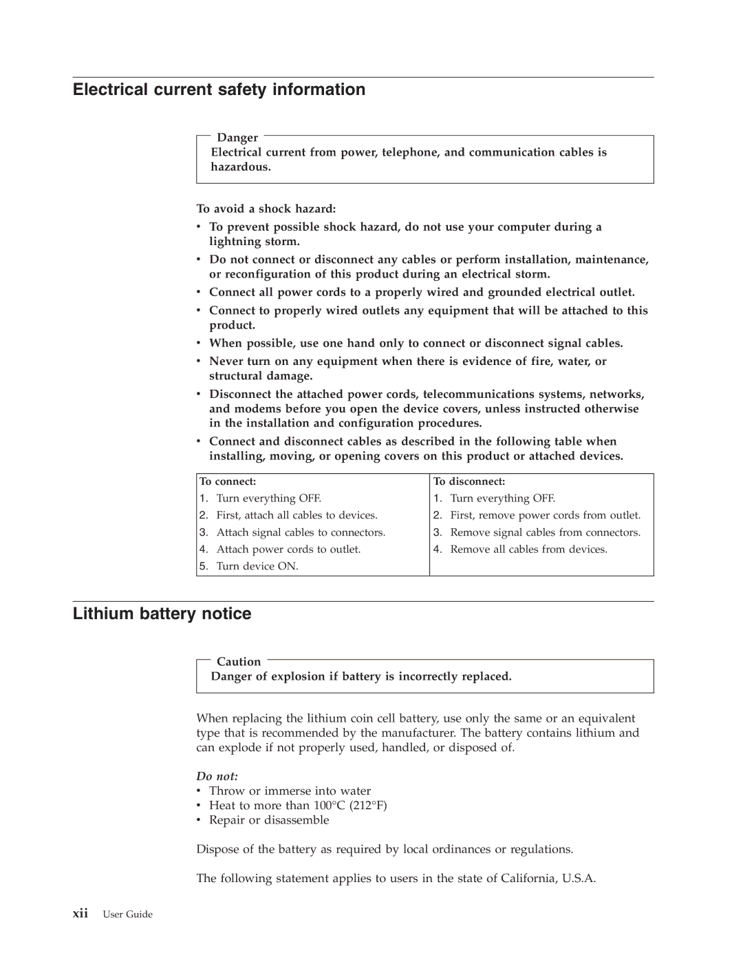 Lenovo 3000 J Series manual Electrical current safety information, Lithium battery notice, To connect To disconnect 