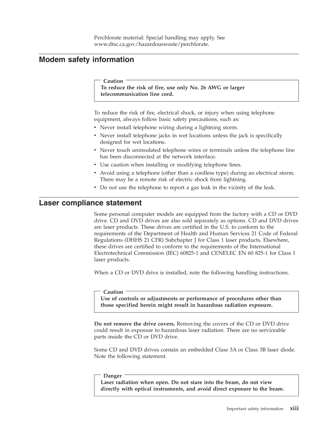 Lenovo 3000 J Series manual Modem safety information, Laser compliance statement 