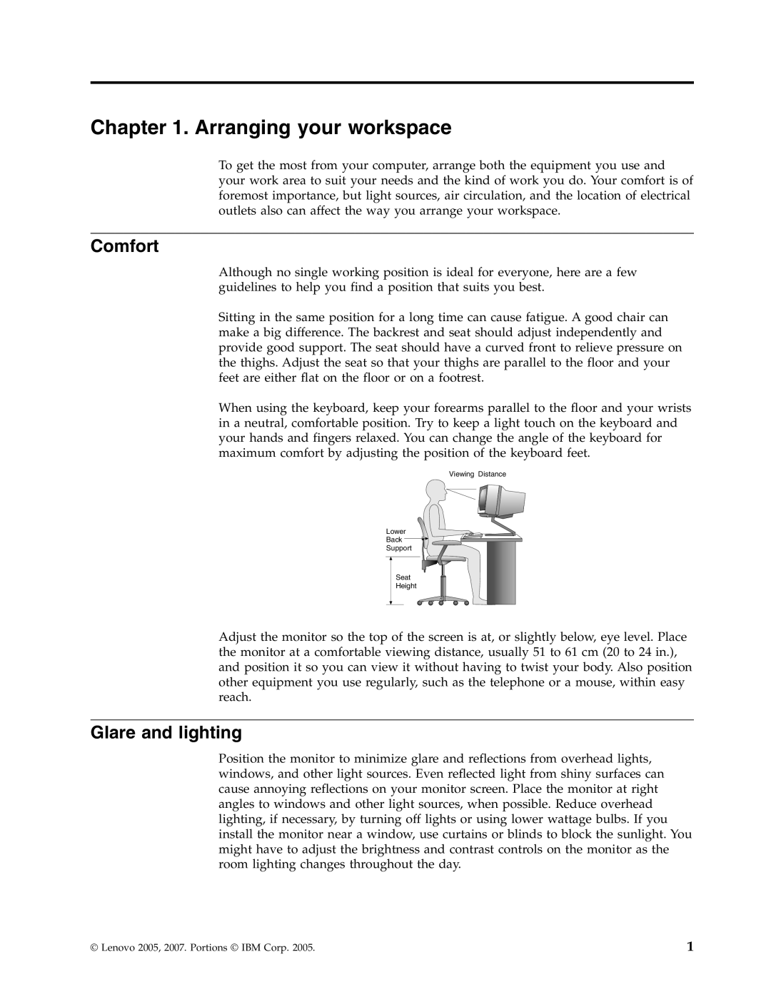 Lenovo 3000 J Series manual Arranging your workspace, Comfort, Glare and lighting 