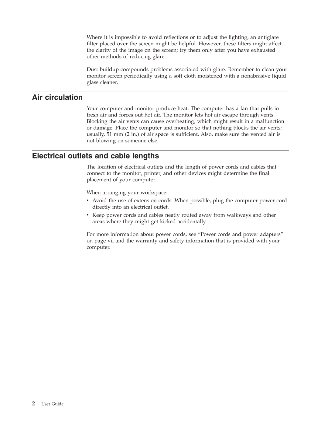 Lenovo 3000 J Series manual Air circulation, Electrical outlets and cable lengths 