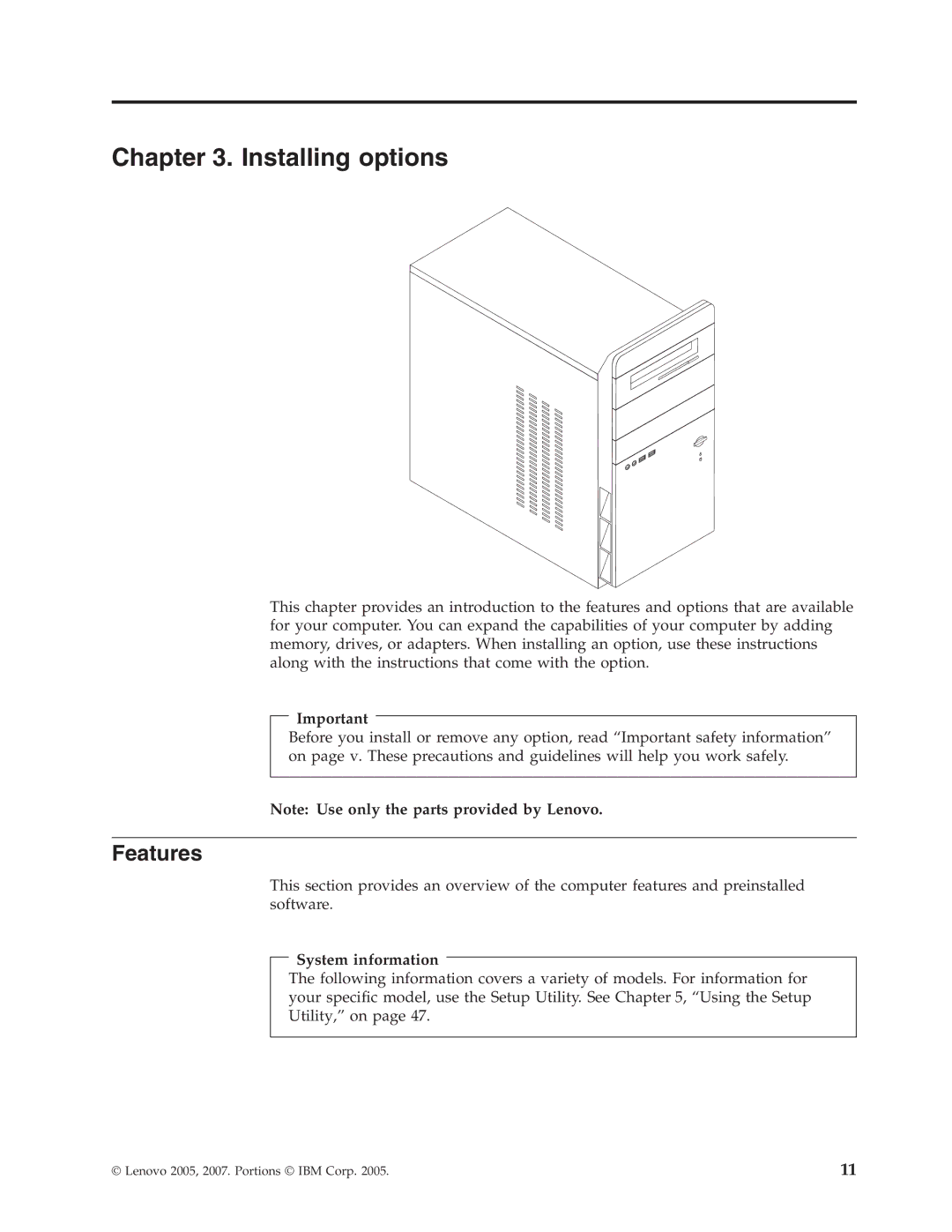 Lenovo 3000 J Series manual Installing options, Features 