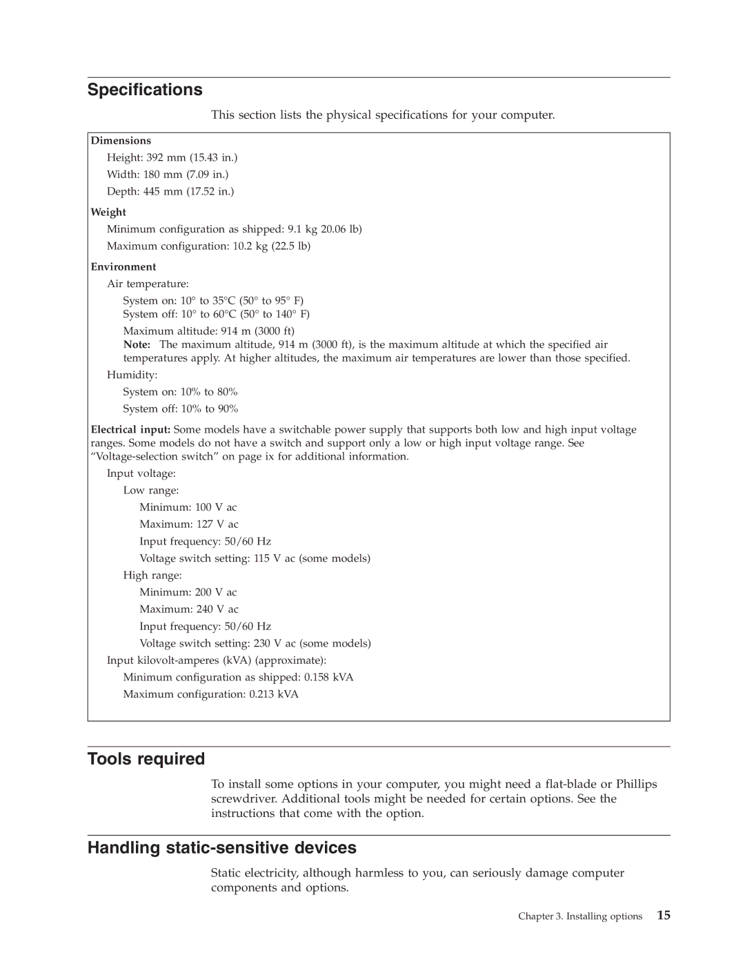 Lenovo 3000 J Series manual Specifications, Tools required, Handling static-sensitive devices 