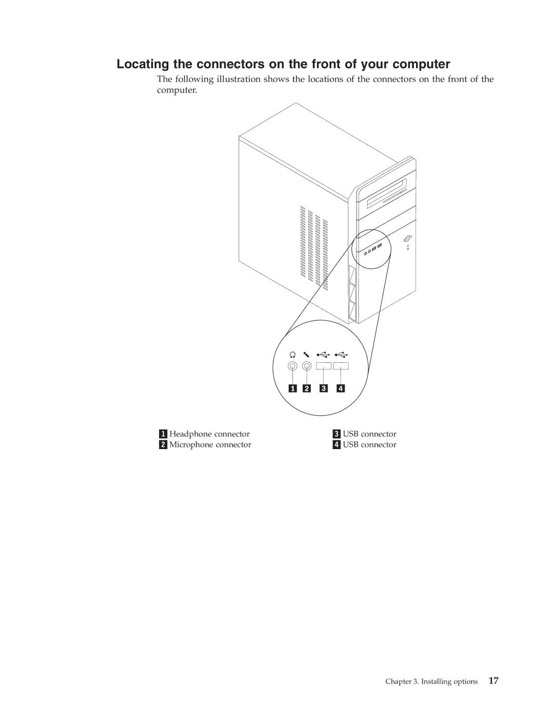 Lenovo 3000 J Series manual Locating the connectors on the front of your computer 