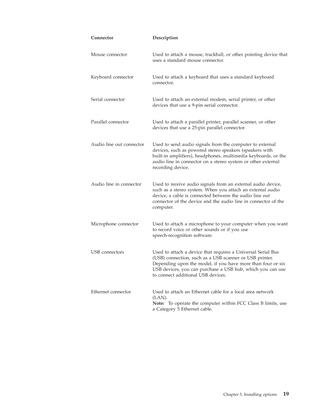 Lenovo 3000 J Series manual Connector Description 