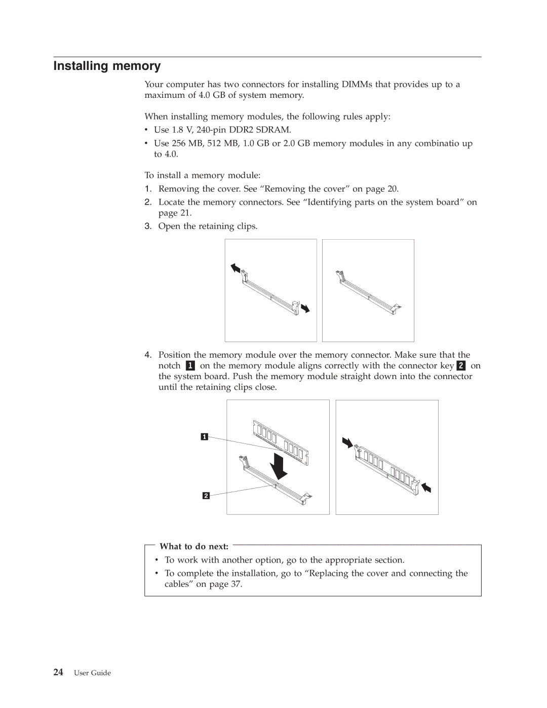 Lenovo 3000 J Series manual Installing memory, What to do next 