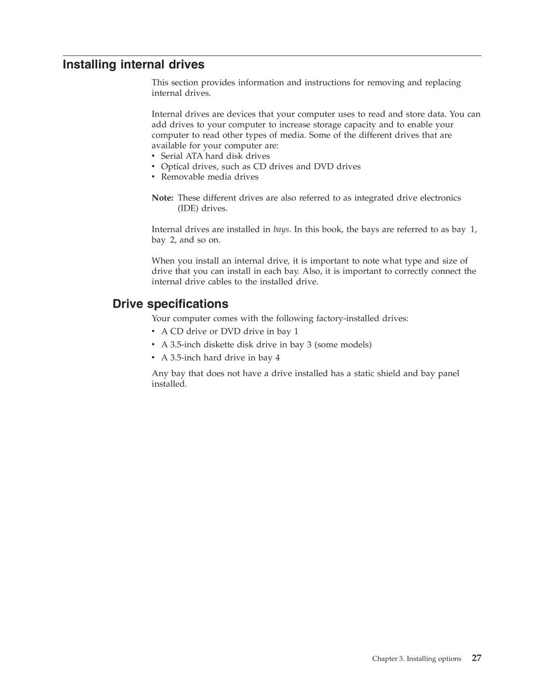 Lenovo 3000 J Series manual Installing internal drives, Drive specifications 