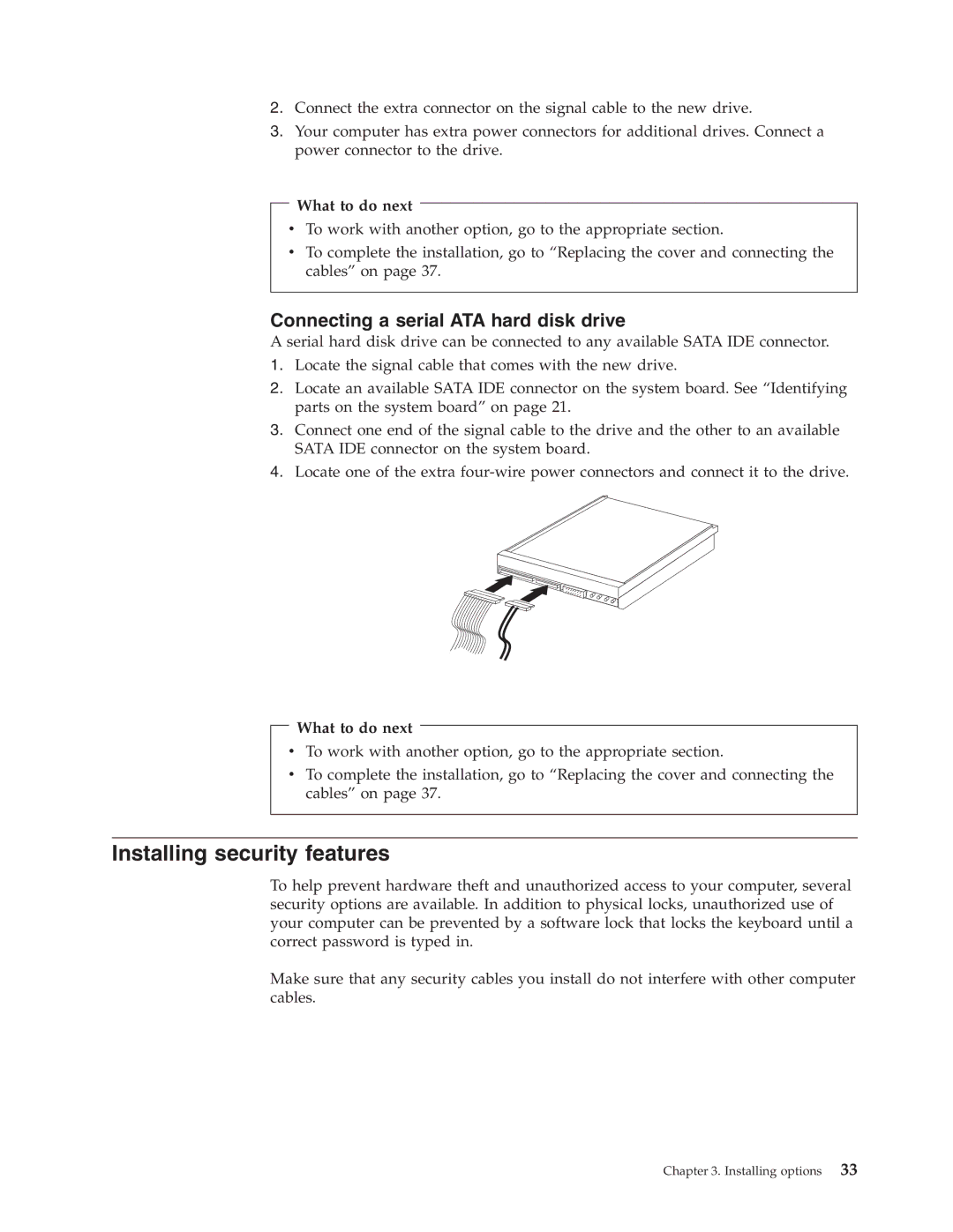 Lenovo 3000 J Series manual Installing security features, Connecting a serial ATA hard disk drive 