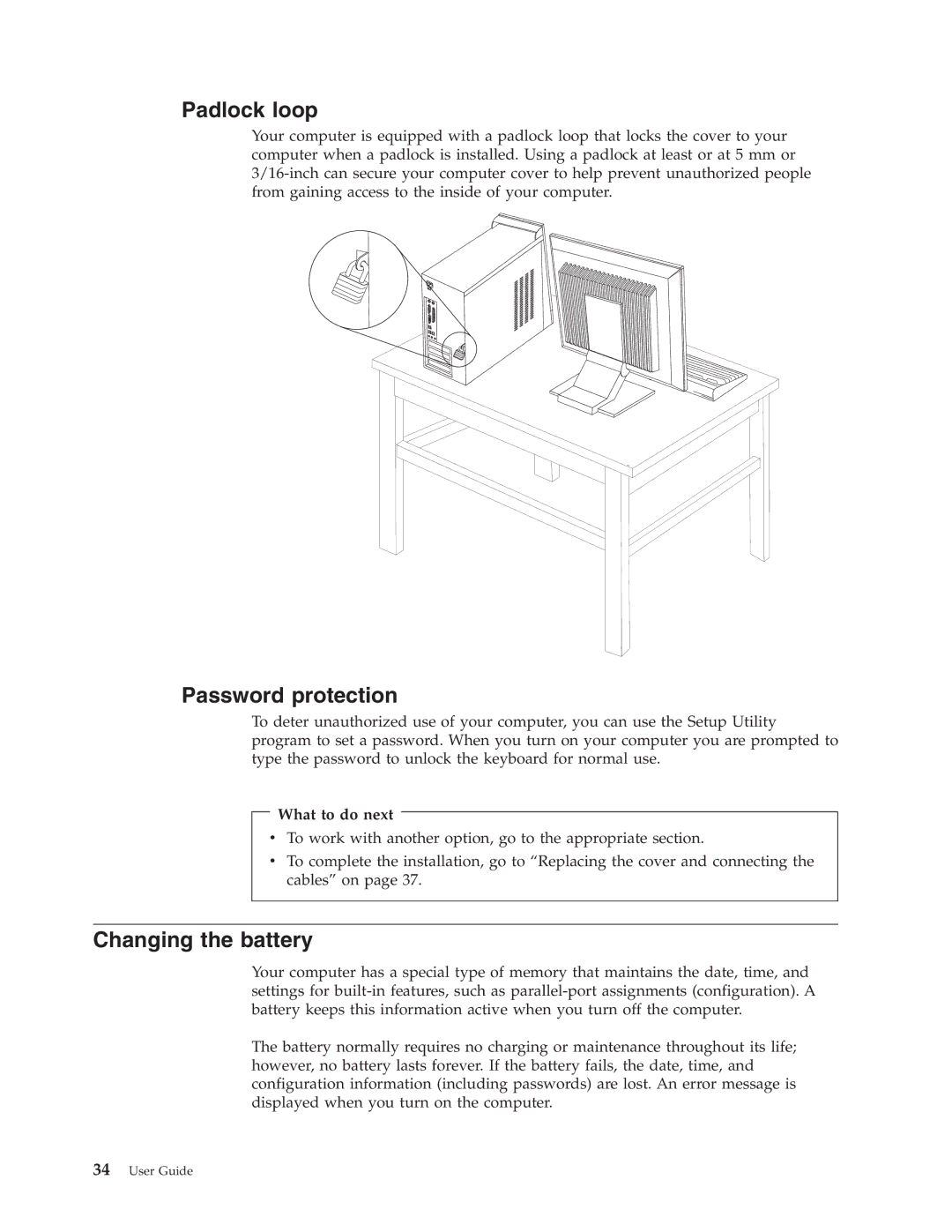 Lenovo 3000 J Series manual Padlock loop, Password protection, Changing the battery 