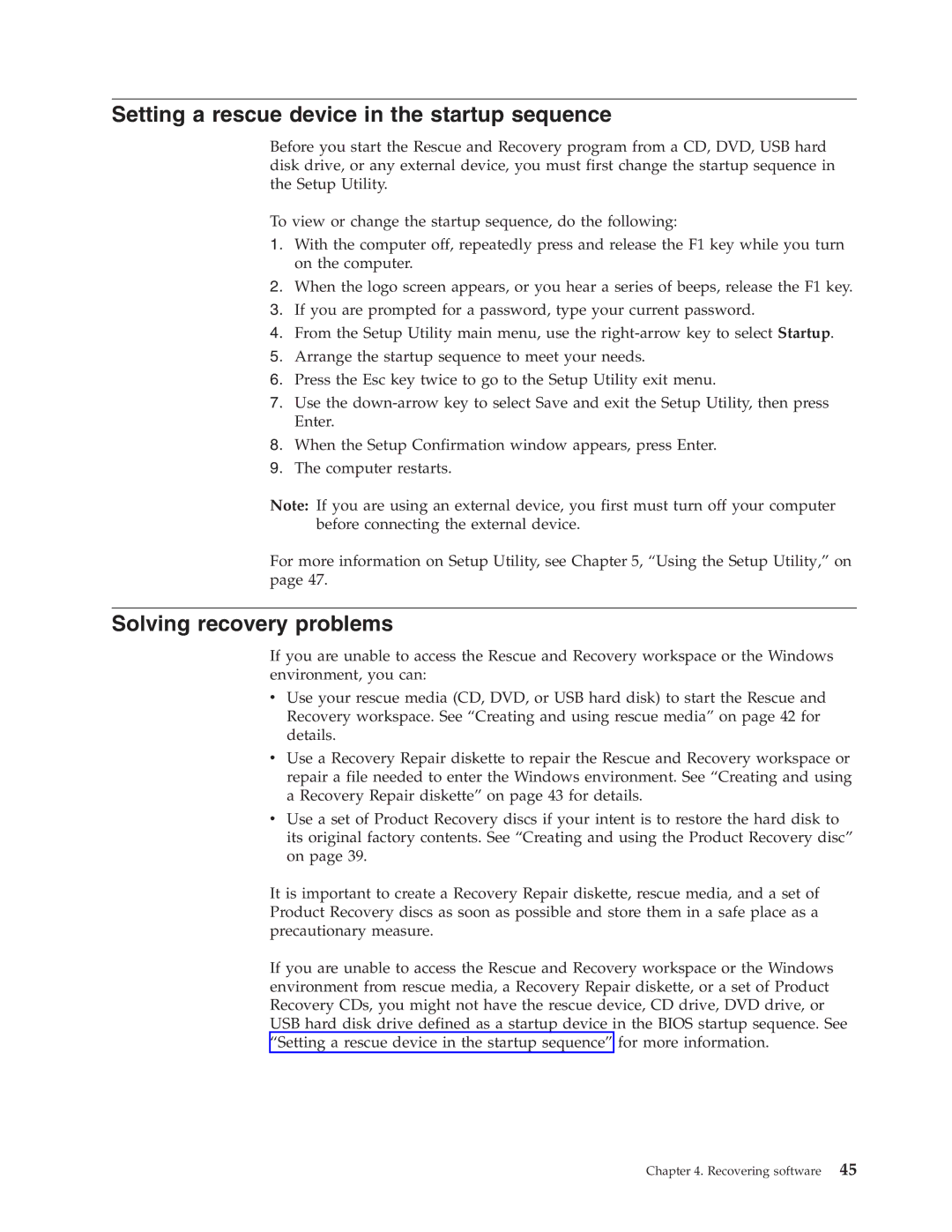 Lenovo 3000 J Series manual Setting a rescue device in the startup sequence, Solving recovery problems 