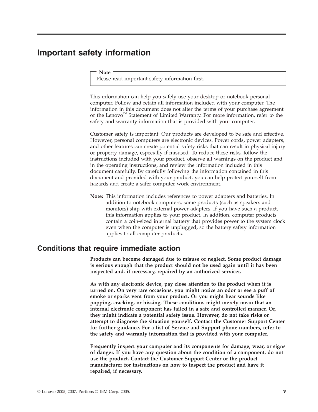 Lenovo 3000 J Series manual Important safety information, Conditions that require immediate action 