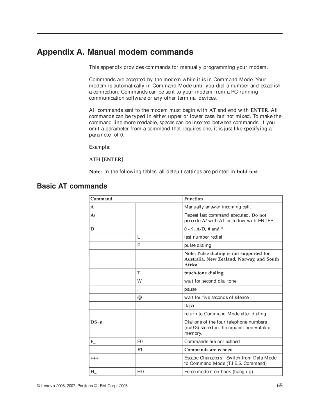 Lenovo 3000 J Series manual Appendix A. Manual modem commands, Basic AT commands 