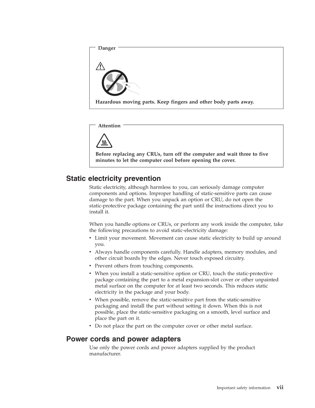 Lenovo 3000 J Series manual Static electricity prevention, Power cords and power adapters 