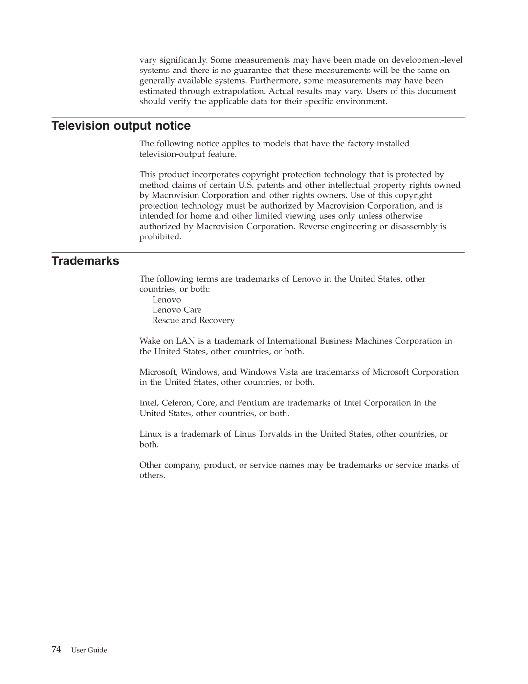 Lenovo 3000 J Series manual Television output notice, Trademarks 