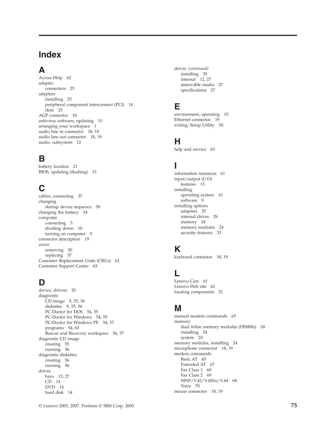 Lenovo 3000 J Series manual Index 