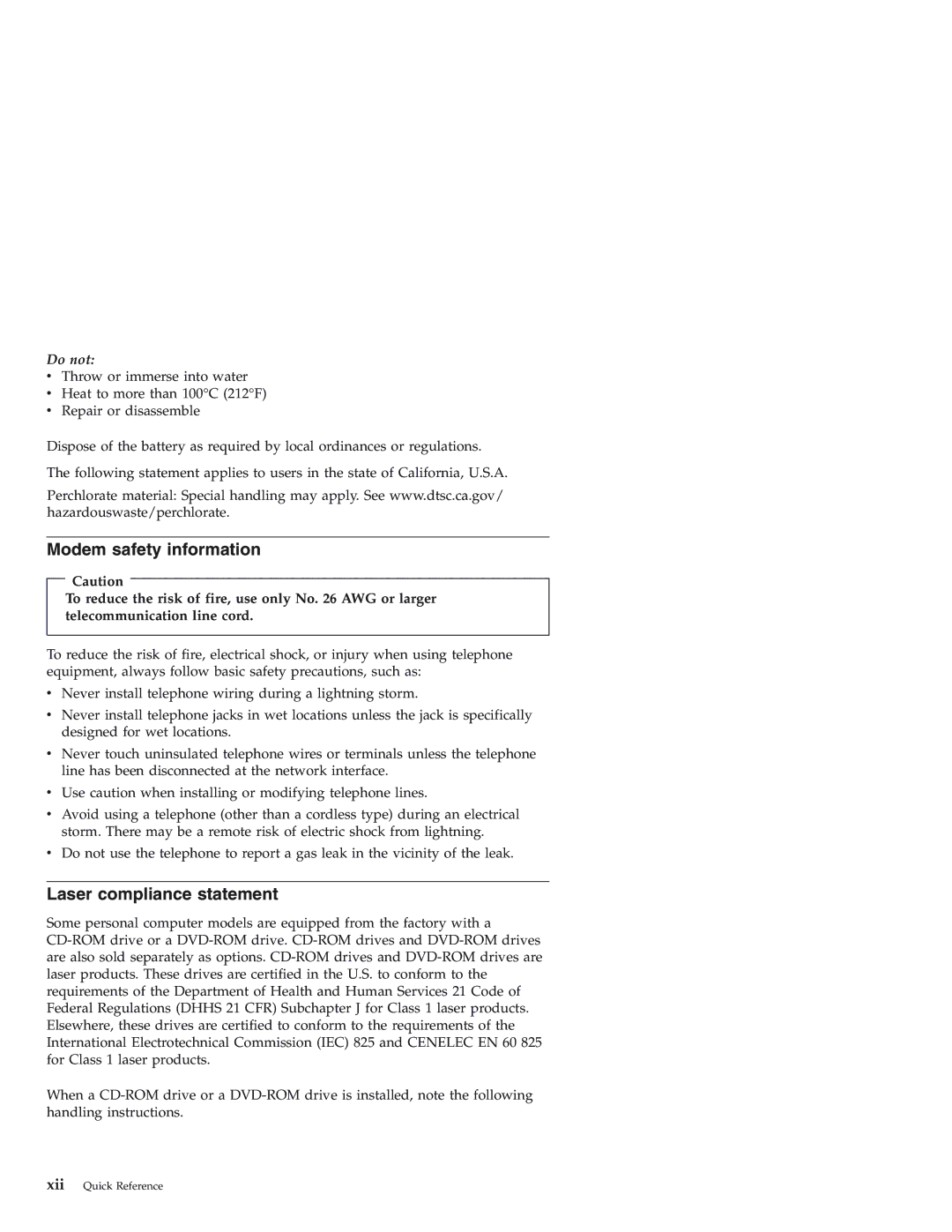 Lenovo 3000 J warranty Modem safety information, Laser compliance statement 