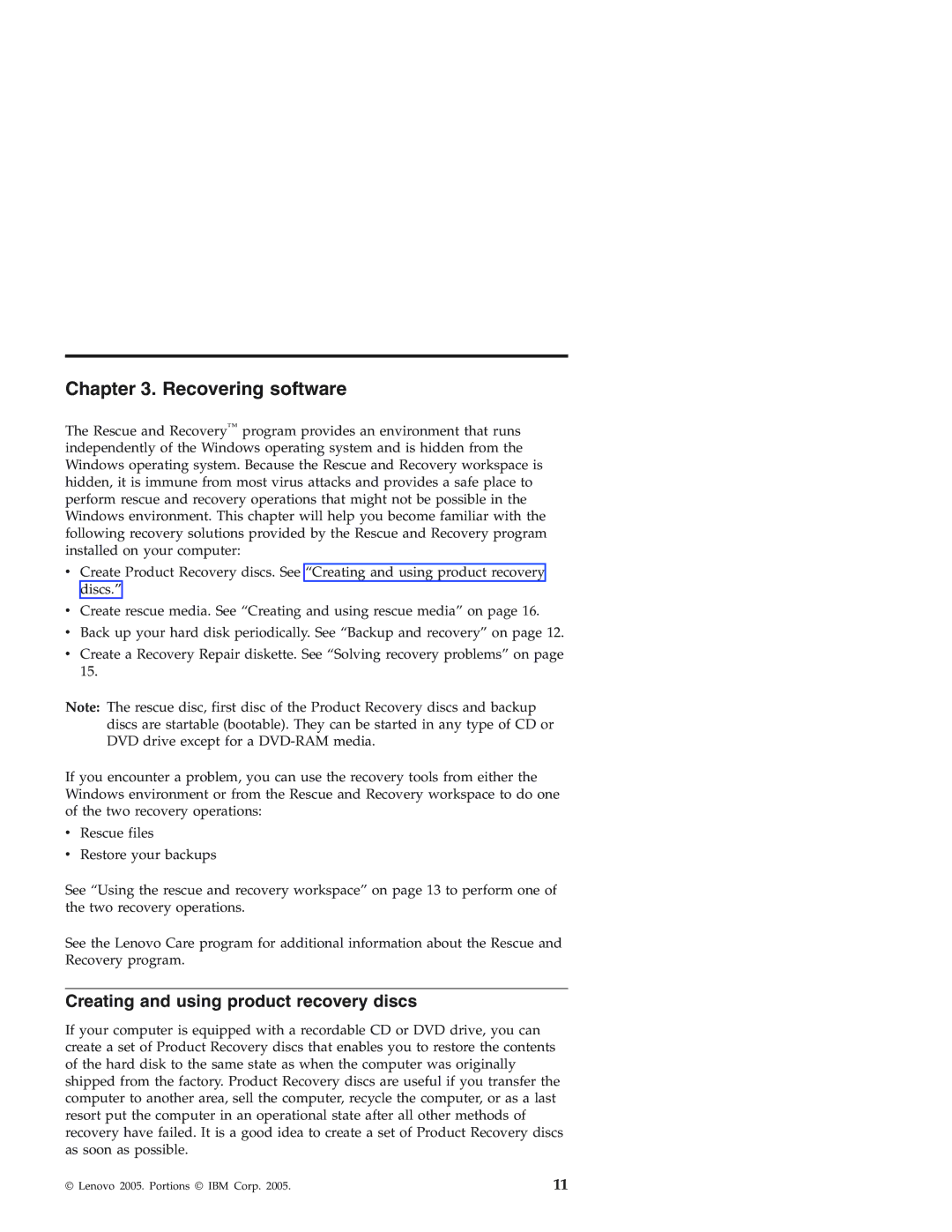 Lenovo 3000 J warranty Recovering software, Creating and using product recovery discs 