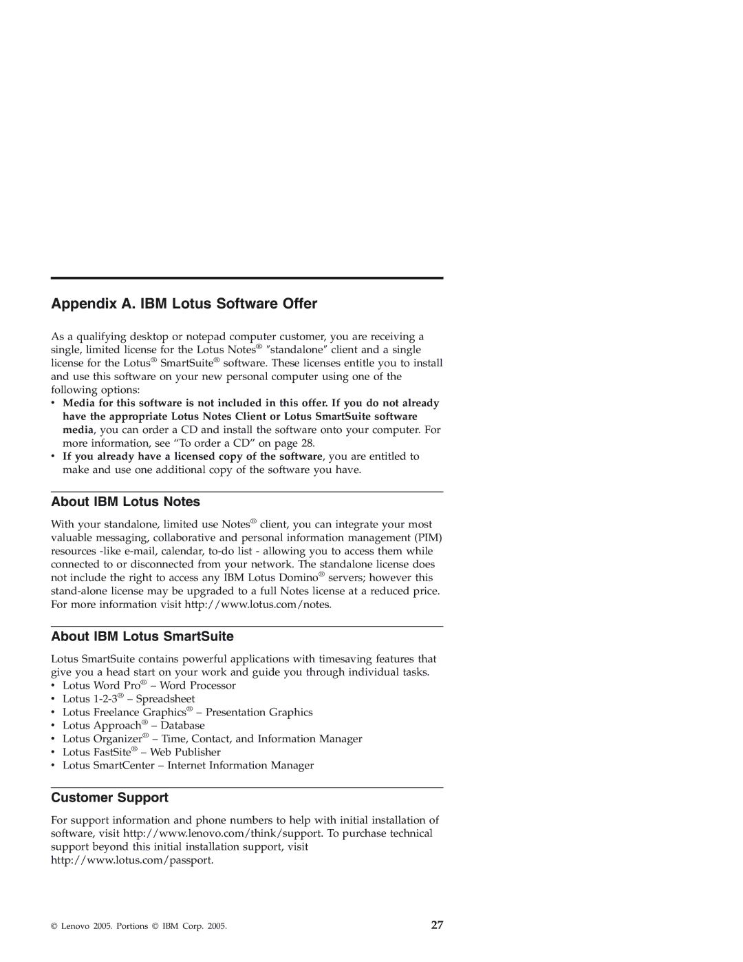 Lenovo 3000 J Appendix A. IBM Lotus Software Offer, About IBM Lotus Notes About IBM Lotus SmartSuite, Customer Support 