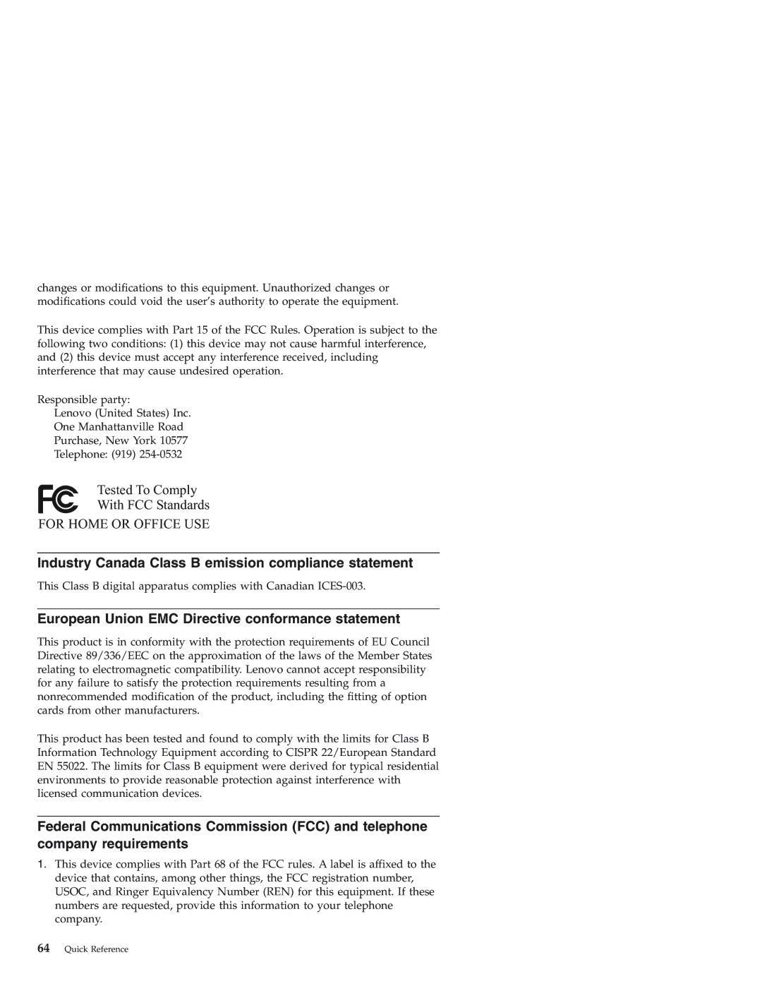 Lenovo 3000 J Industry Canada Class B emission compliance statement, European Union EMC Directive conformance statement 