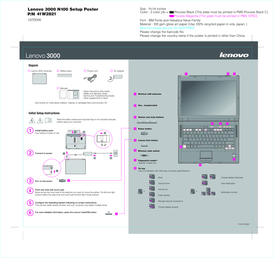 Lenovo 3000 N100 warranty Unpack, Initial Setup Instructions 