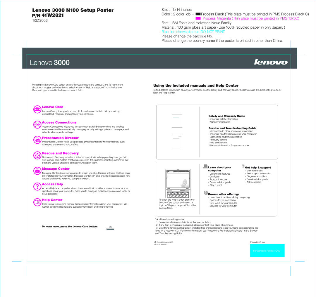 Lenovo 3000 N100 warranty Using the included manuals and Help Center 