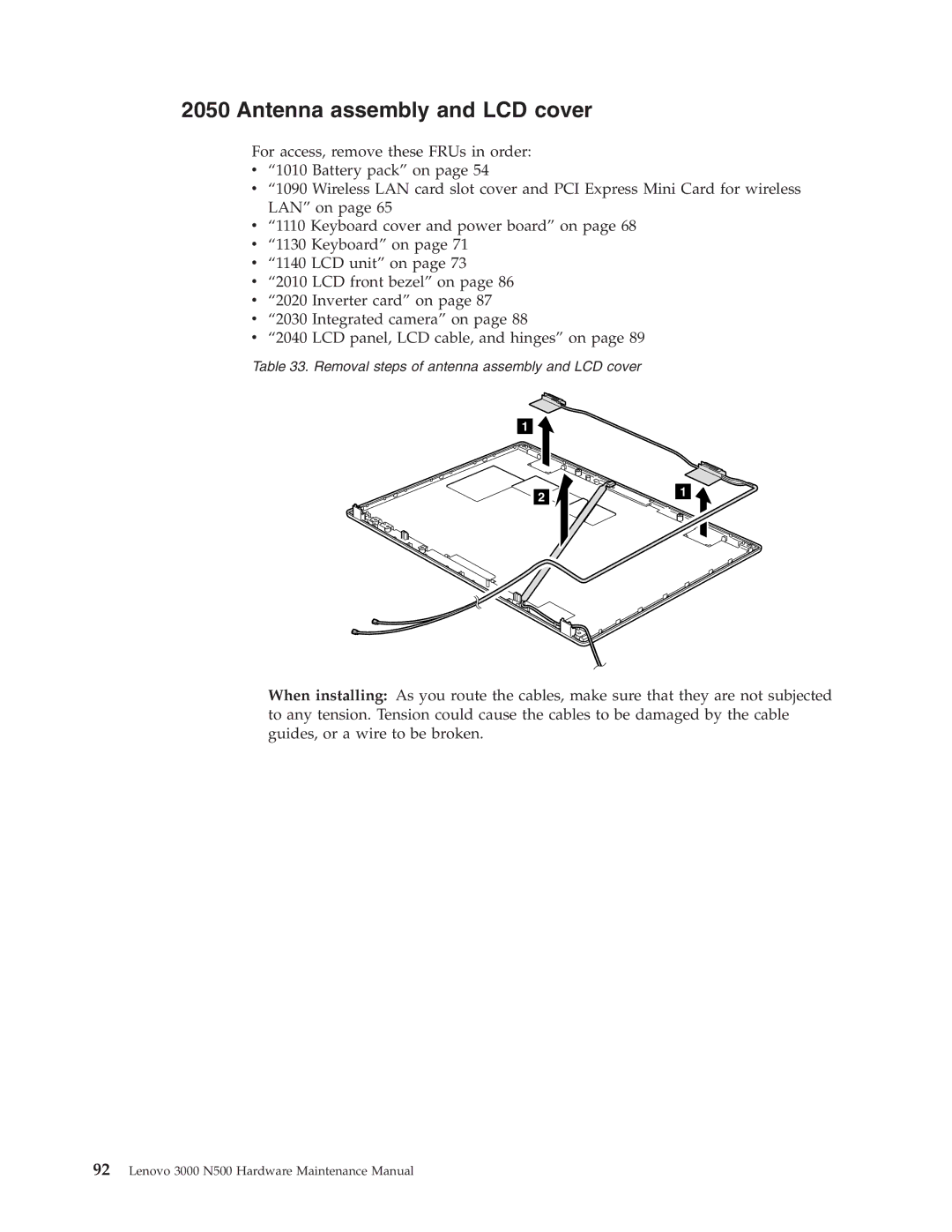 Lenovo 3000 N500 manual Antenna assembly and LCD cover 