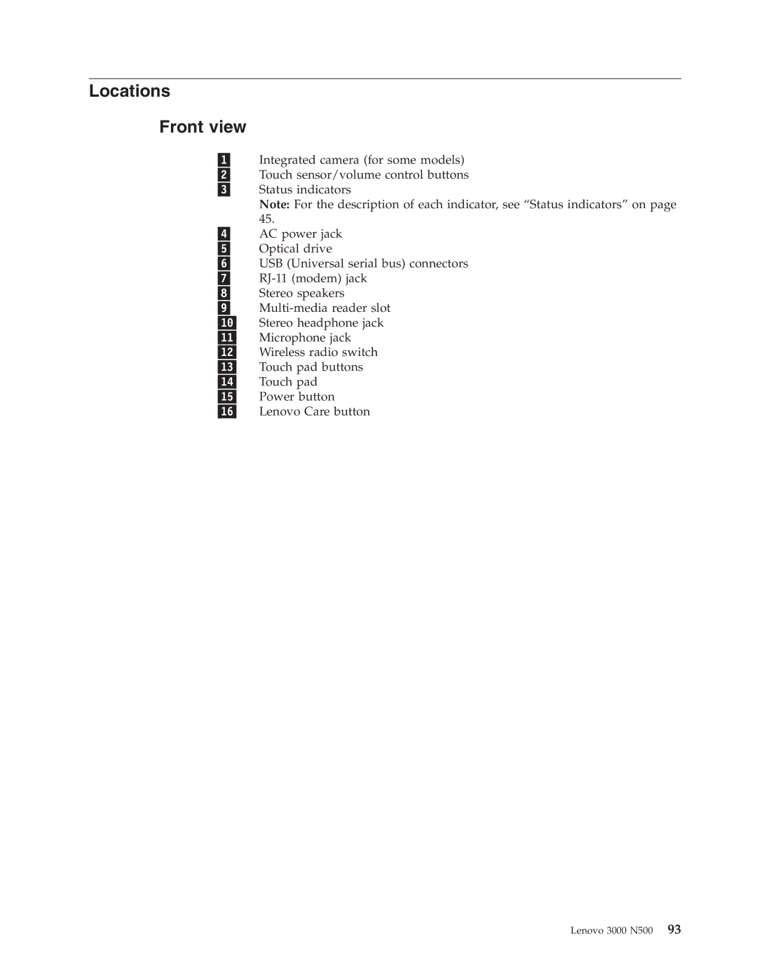 Lenovo 3000 N500 manual Locations Front view 