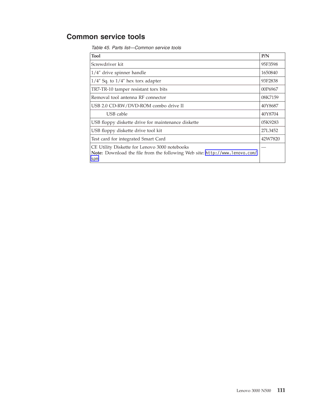 Lenovo 3000 N500 manual Common service tools, Tool 