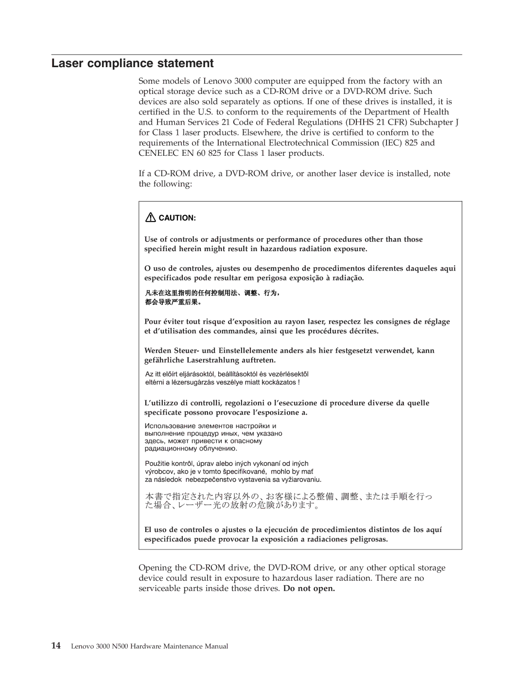 Lenovo 3000 N500 manual Laser compliance statement 