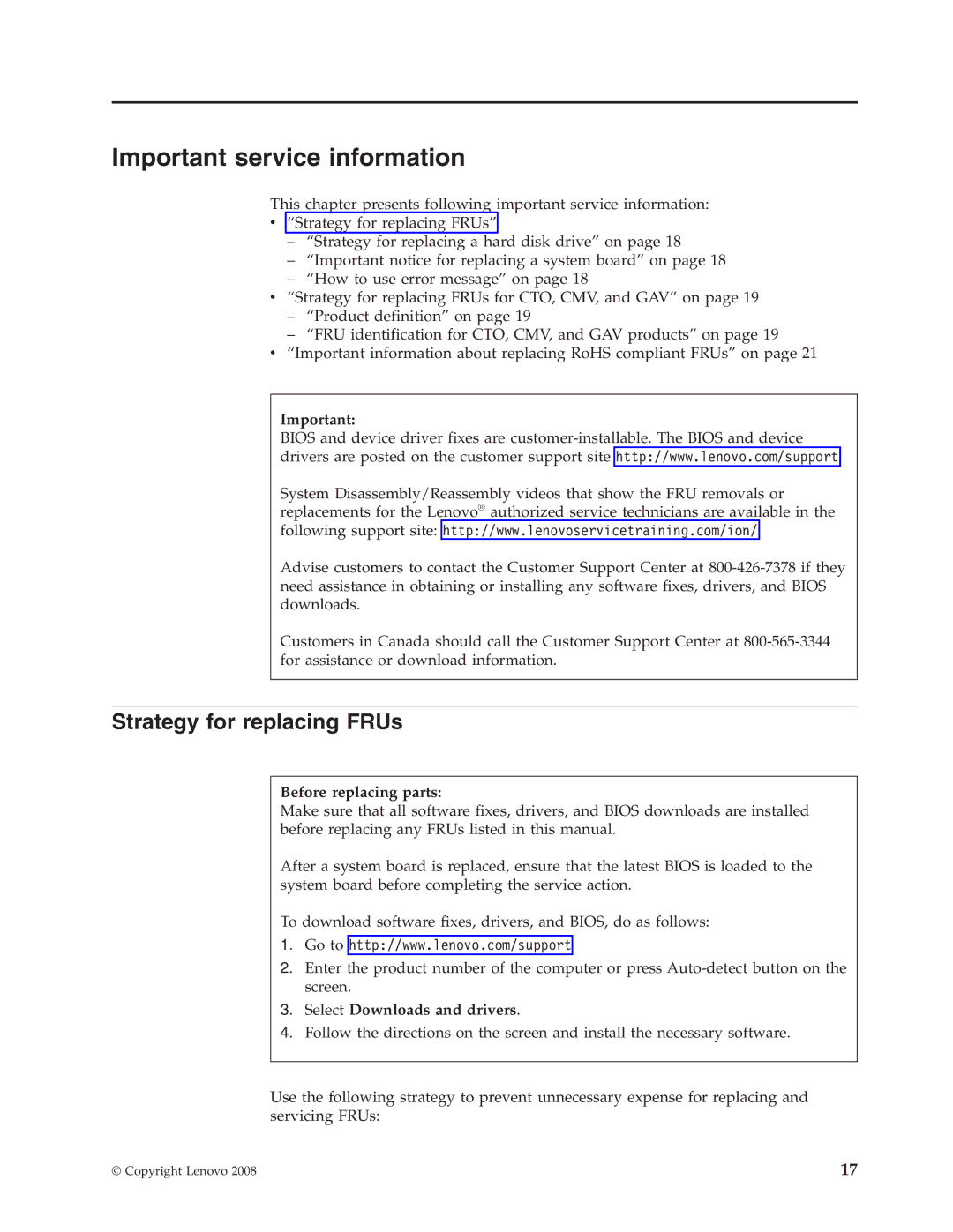 Lenovo 3000 N500 manual Strategy for replacing FRUs, Before replacing parts, Select Downloads and drivers 