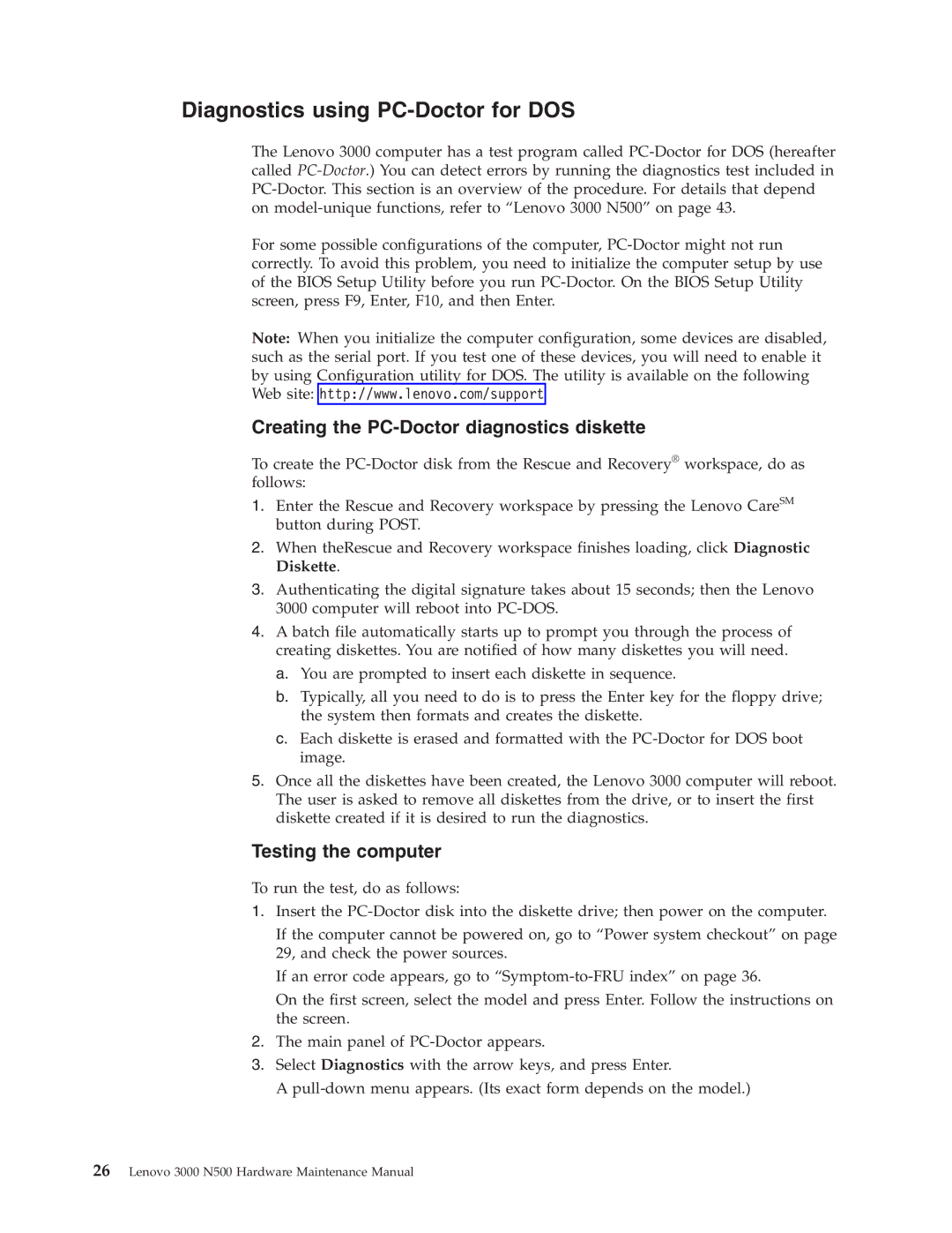 Lenovo 3000 N500 Diagnostics using PC-Doctor for DOS, Creating the PC-Doctor diagnostics diskette, Testing the computer 
