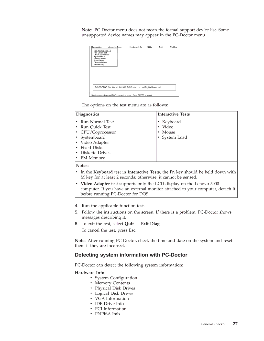 Lenovo 3000 N500 manual Detecting system information with PC-Doctor, Diagnostics Interactive Tests, Hardware Info 