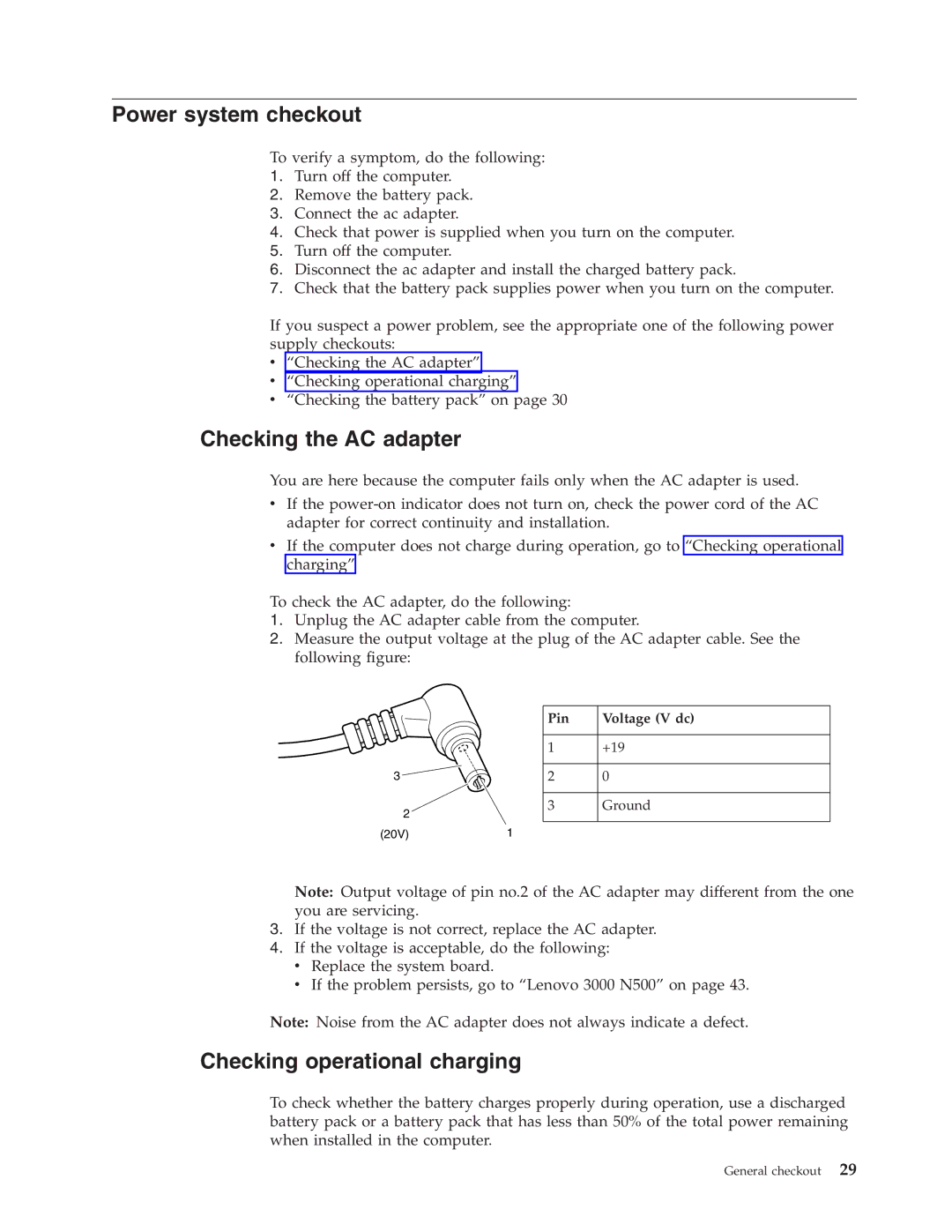 Lenovo 3000 N500 manual Power system checkout, Checking the AC adapter, Checking operational charging 