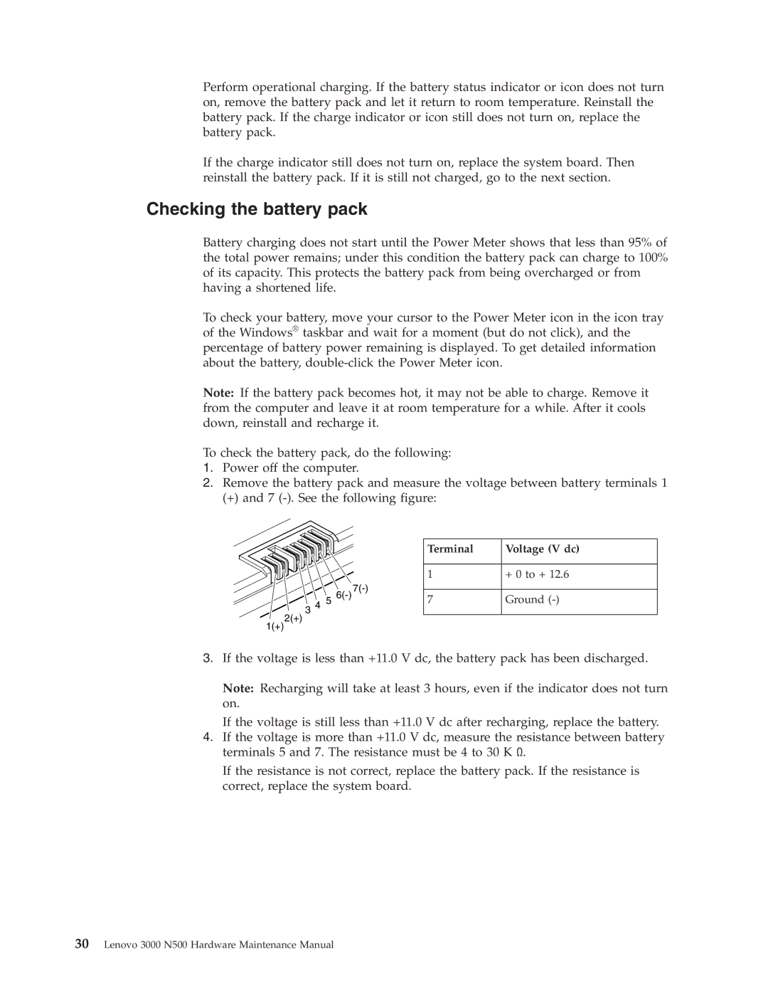 Lenovo 3000 N500 manual Checking the battery pack 