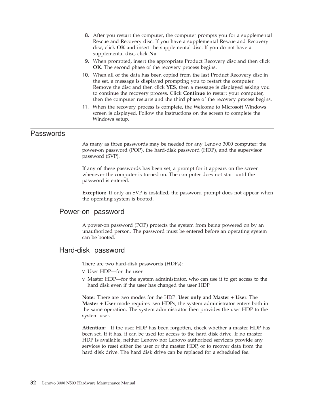 Lenovo 3000 N500 manual Passwords, Power-on password, Hard-disk password 