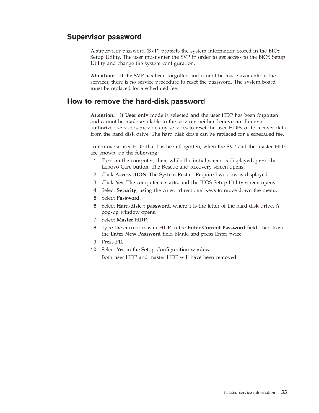 Lenovo 3000 N500 manual Supervisor password, How to remove the hard-disk password, Select Master HDP 