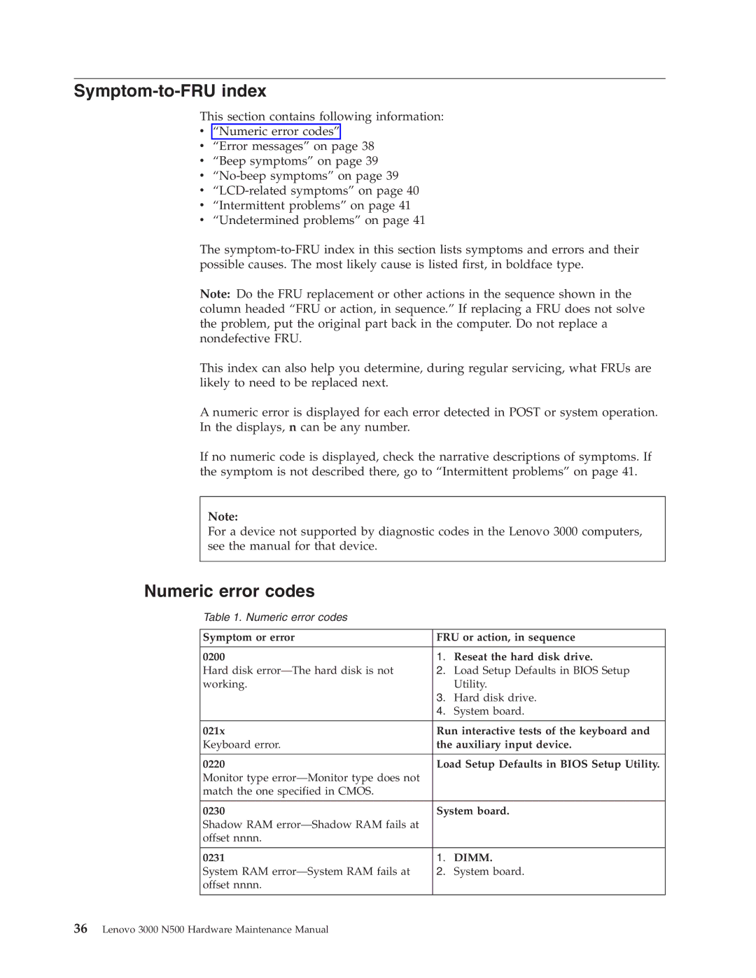 Lenovo 3000 N500 manual Symptom-to-FRU index, Numeric error codes 