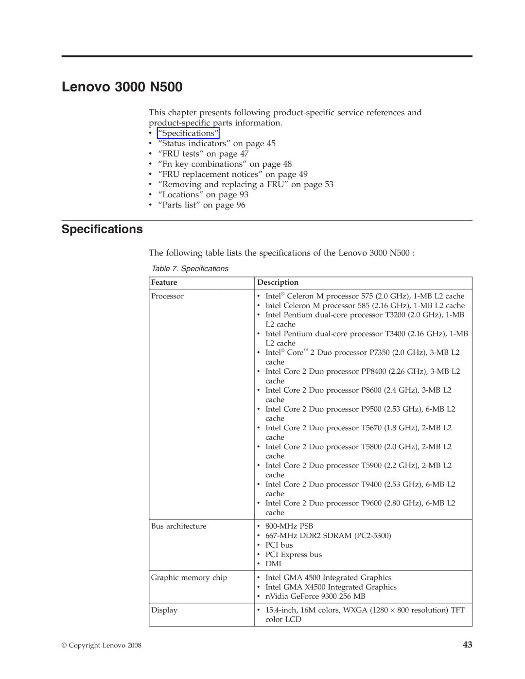 Lenovo manual Lenovo 3000 N500, Specifications 