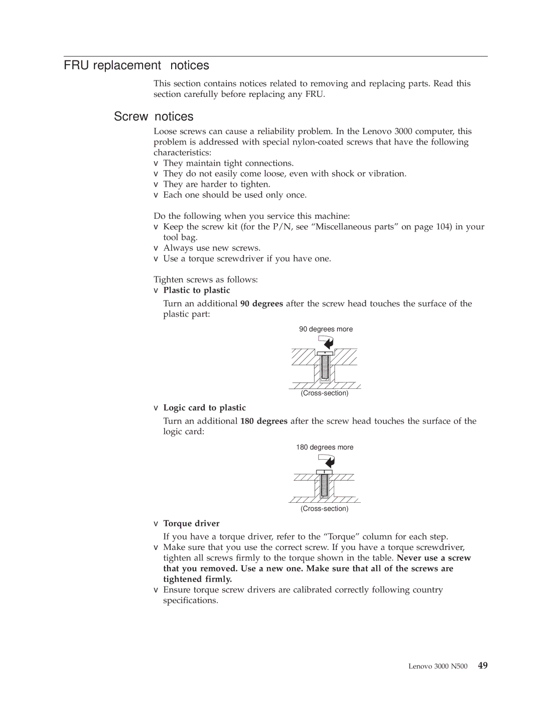 Lenovo 3000 N500 manual FRU replacement notices, Screw notices, Plastic to plastic, Logic card to plastic, Torque driver 