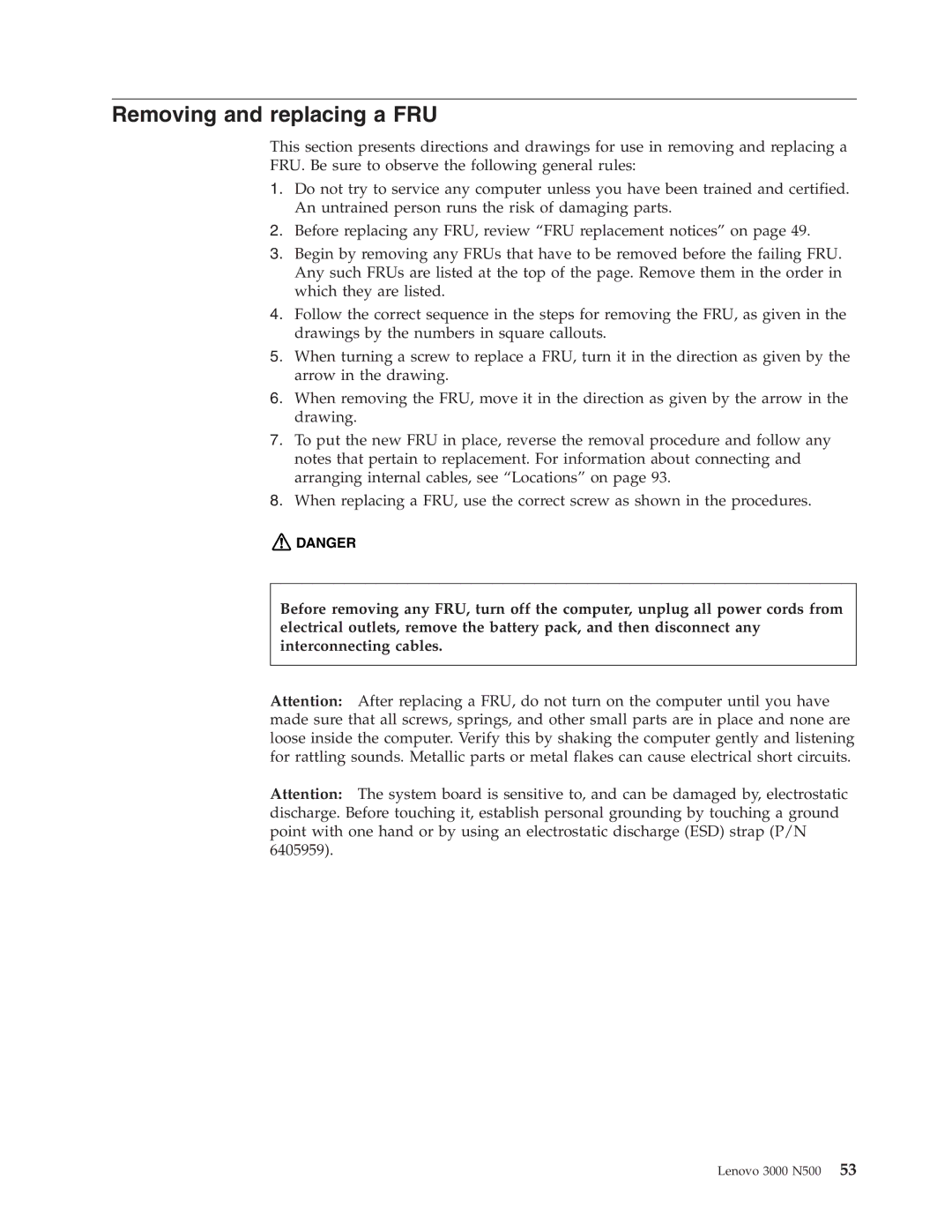 Lenovo 3000 N500 manual Removing and replacing a FRU 