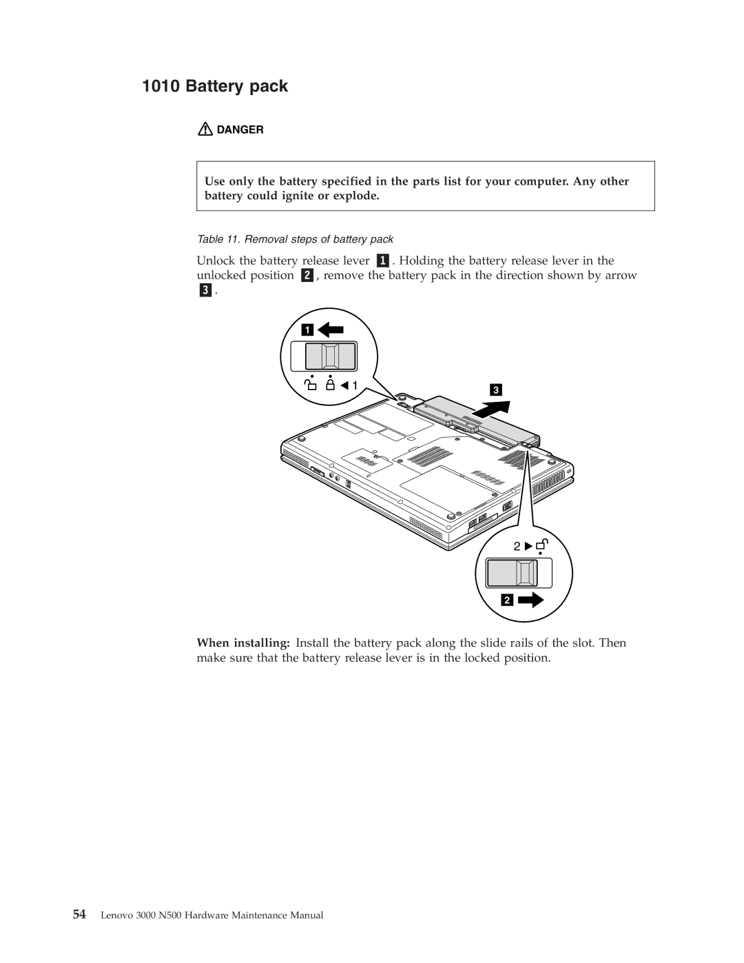 Lenovo 3000 N500 manual Battery pack 