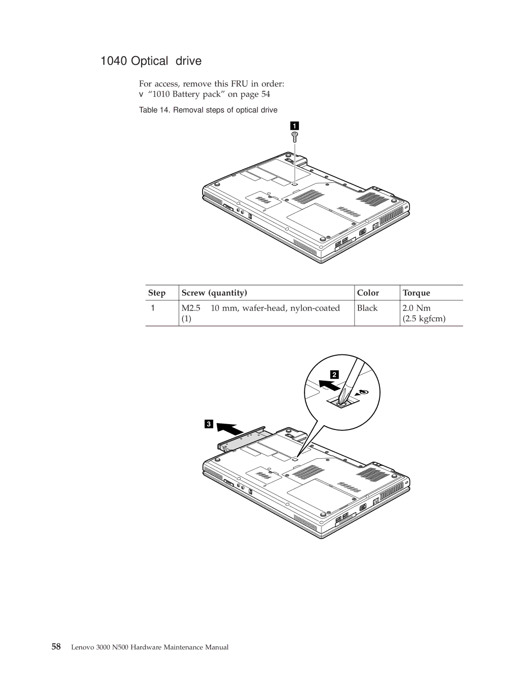 Lenovo 3000 N500 manual Optical drive, Step Screw quantity Color Torque 